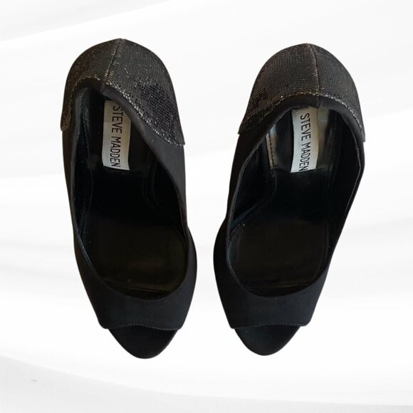 Steve Madden Black Glitter Peep Toe Platform Pumps, Size 7M - Picture 3 of 10